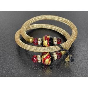 Vintage Stauer Murano Gold Mesh Wrap Bracelet Red Glass Beads Signed Italy